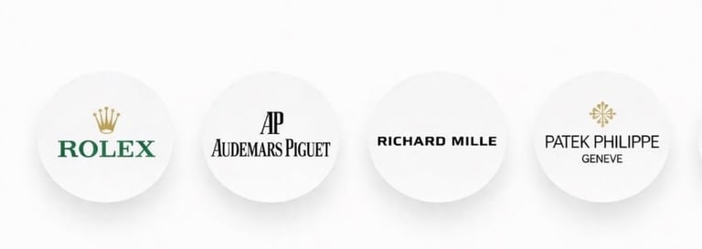 Four luxury watch brand logos - Rolex, Audemars Piguet, Richard Mille, and Patek Philippe - displayed on white circular backgrounds